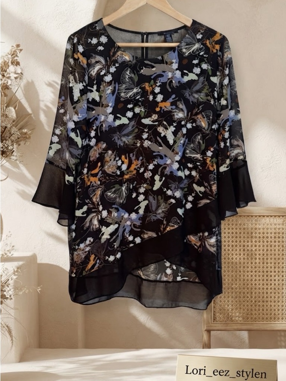 ALISON SHERI Black and Navy Butterfly-Print Chiffon Blouse